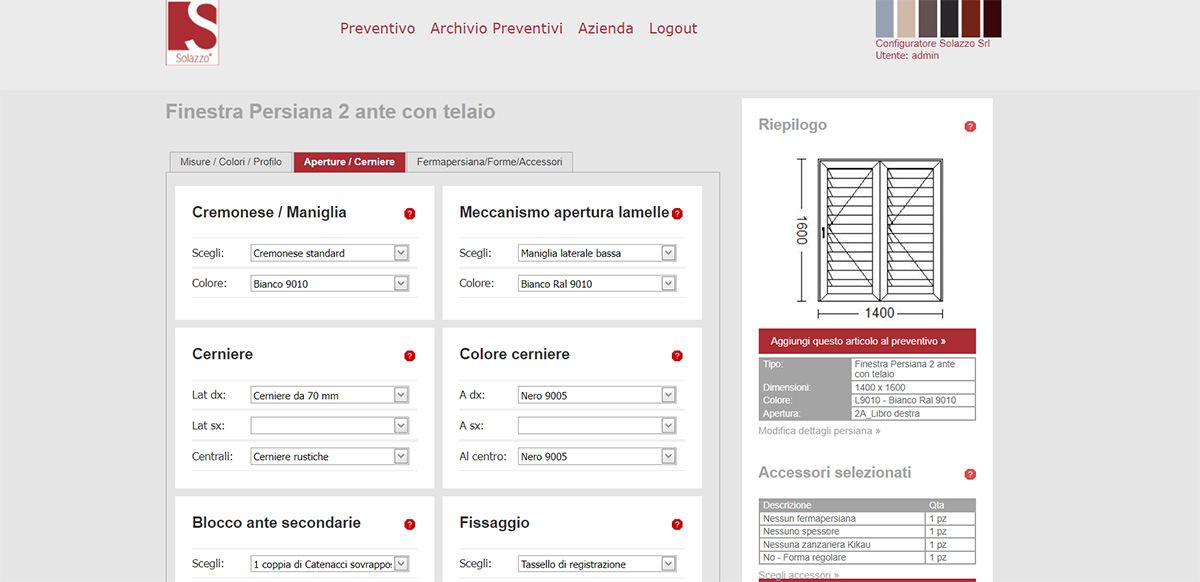 Configuratore prodotti Solazzo - Configurazione